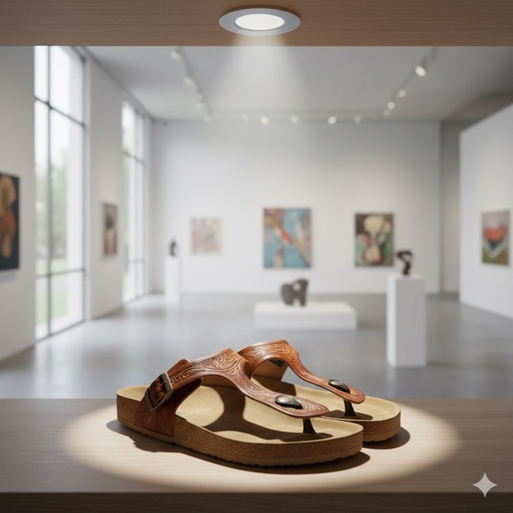 Myra Bag Hand Tooled Leather Thong Sandals - Brown/Tan - Size 10 - Picture 11 of 11